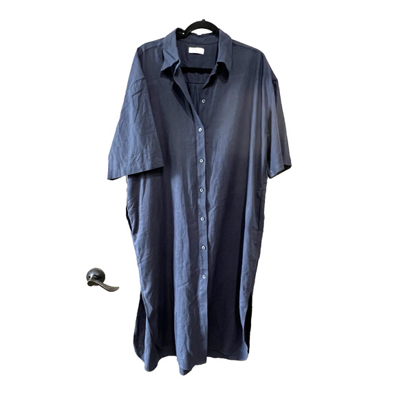 Babaton Aritzia Navy Linen blend Belted midi Shirt Dress pockets M fits L/ XL - Picture 2 of 9